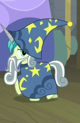Size: 269x416 | Tagged: safe, screencap, sandbar, earth pony, pony, g4, horse play, clothes, cropped, fake beard, fake horn, hat, male, robe, solo, star swirl the bearded costume, wizard hat