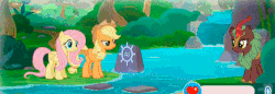 Size: 500x171 | Tagged: safe, gameloft, screencap, applejack, autumn afternoon, cinder glow, fluttershy, summer flare, earth pony, kirin, pegasus, pony, g4, sounds of silence, animated, background kirin, female, game, gif, male, mare, music notes, singing, water