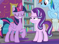 Size: 1039x780 | Tagged: safe, screencap, cozy glow, rainbow dash, starlight glimmer, twilight sparkle, alicorn, pegasus, pony, unicorn, g4, school raze, female, glowing horn, horn, mare, offscreen character, starlight glimmer is not amused, twilight sparkle (alicorn), unamused, wings