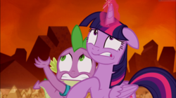 Size: 1671x937 | Tagged: safe, screencap, spike, twilight sparkle, alicorn, dragon, pony, g4, the cutie re-mark, female, glowing horn, holding each other, horn, male, mare, scared, twilight sparkle (alicorn)