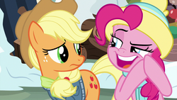 Size: 1280x720 | Tagged: safe, screencap, applejack, pinkie pie, best gift ever, g4, clothes, out of context, scarf, snow, winter outfit