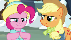 Size: 1280x720 | Tagged: safe, screencap, applejack, pinkie pie, best gift ever, g4, clothes, scarf, snow, winter outfit