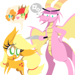 Size: 1000x1000 | Tagged: safe, artist:dragonpone, derpibooru exclusive, applejack, bright mac, pear butter, scales (g4), dragon, earth pony, pony, g4, the hearth's warming club, butt freckles, chest fluff, claws, cowboy hat, dragon wings, dragoness, ear fluff, female, filly, filly applejack, freckles, hand on hip, hat, heart, horns, implied murder, knife, lidded eyes, lineless, looking back, looking down, male, open mouth, shoulder freckles, simple background, smiling, smirk, speech bubble, spread wings, stallion, thinking, this will end in death, this will end in tears, thought bubble, transparent background, wings, younger
