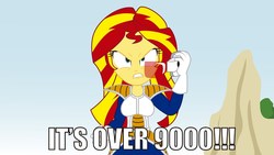 Size: 1280x720 | Tagged: safe, artist:conikiblasu-fan, sunset shimmer, equestria girls, g4, angry, dragon ball, dragon ball z, female, image macro, looking at you, meme, over 9000, scouter, solo, text