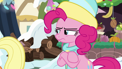 Size: 1280x720 | Tagged: safe, screencap, applejack, pinkie pie, best gift ever, g4, clothes, crossed hooves, disappointed, frown, pinkie pie is not amused, scarf, snow, unamused, winter outfit