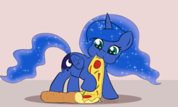 Size: 1000x600 | Tagged: safe, artist:empyu, princess luna, alicorn, pony, g4, cute, eating, female, filly, food, lunabetes, pizza, solo, woona, younger