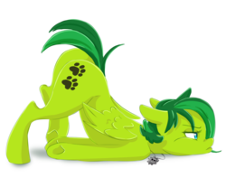 Size: 1000x786 | Tagged: safe, artist:komandorpush, oc, oc only, oc:evergreen feathersong, pegasus, pony, bored, butt, cel shading, face down ass up, floppy ears, paw prints, plot, riptire, shading, simple background, transparent background, ych result