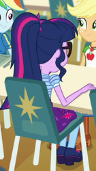 Size: 400x707 | Tagged: safe, screencap, applejack, rainbow dash, sci-twi, twilight sparkle, equestria girls, equestria girls specials, g4, my little pony equestria girls: better together, my little pony equestria girls: forgotten friendship, apple, chair, clothes, cropped, female, food, freckles, geode of super strength, glasses, looking at each other, magical geodes, ponytail, rear view, shoes, skirt, smiling, socks, table