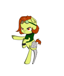 Size: 2900x3450 | Tagged: safe, artist:dumbwoofer, oc, oc:trippo, pony, amputee, armor, clothes, ear fluff, goggles, high res, mean, prosthetic limb, prosthetics, solo, spikes, vest