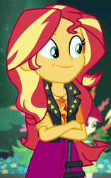 Size: 662x1052 | Tagged: safe, screencap, roseluck, sunset shimmer, equestria girls, equestria girls series, forgotten friendship, g4, cropped, female, geode of empathy, magical geodes, smiling, smug, solo focus