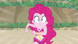 Size: 1920x1080 | Tagged: safe, screencap, pinkie pie, equestria girls, equestria girls series, forgotten friendship, clothes, cute, diapinkes, female, geode of sugar bombs, it's coming right at us, magical geodes, one-piece swimsuit, pinkie pie swimsuit, ponk, running, solo, swimsuit