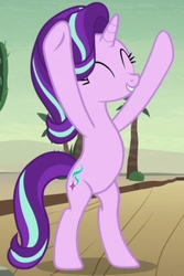 Size: 720x1080 | Tagged: safe, screencap, starlight glimmer, pony, unicorn, g4, road to friendship, bipedal, bush, cactus, cropped, cutie mark, desert, eyes closed, female, mare, palm tree, rock, smiling, solo, standing, tree