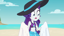 Size: 1920x1080 | Tagged: safe, screencap, rarity, equestria girls, equestria girls specials, g4, my little pony equestria girls: better together, my little pony equestria girls: forgotten friendship, belly button, bikini, bikini top, clothes, female, geode of empathy, geode of shielding, geode of sugar bombs, geode of super speed, geode of super strength, geode of telekinesis, hat, magical geodes, midriff, misleading thumbnail, rarity is not amused, rarity's blue sarong, rarity's purple bikini, sarong, solo, sun hat, swimsuit, towel, unamused