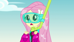 Size: 1920x1080 | Tagged: safe, screencap, fluttershy, equestria girls, equestria girls series, forgotten friendship, g4, clothes, cute, female, goggles, shoes removed, shyabetes, snorkel, solo, swimsuit, wet hair, wetsuit