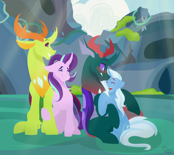Size: 2781x2485 | Tagged: safe, artist:cyanreef, pharynx, starlight glimmer, thorax, trixie, changedling, changeling, g4, blushing, changedling brothers, couples, crack shipping, female, glimax, high res, holding hooves, hug, interspecies, king thorax, male, phartrix, prince pharynx, shipping, straight