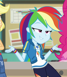 Size: 865x996 | Tagged: safe, screencap, rainbow dash, human, equestria girls, equestria girls specials, g4, my little pony equestria girls: better together, my little pony equestria girls: forgotten friendship, cropped, cute, dashabetes, female, geode of super speed, magical geodes, offscreen character, shrug, solo focus