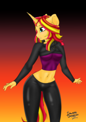 Size: 1447x2046 | Tagged: safe, artist:salamishowdown, sunset shimmer, unicorn, anthro, g4, ambiguous facial structure, belly button, clothes, female, midriff, short shirt, signature, solo, sunset
