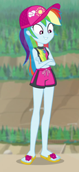 Size: 347x753 | Tagged: safe, screencap, rainbow dash, equestria girls, equestria girls specials, g4, my little pony equestria girls: better together, my little pony equestria girls: forgotten friendship, beach, bikini, bikini top, cap, clothes, cropped, crossed arms, cute, dashabetes, feet, female, geode of super speed, hat, magical geodes, midriff, rainbow dash's beach shorts swimsuit, sandals, shorts, swimming trunks, swimsuit, tankini