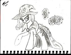 Size: 2020x1579 | Tagged: safe, artist:radiancebreaker, trixie, pony, g4, card, female, magic, monochrome, playing card, solo, traditional art