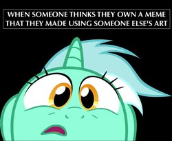 Size: 1080x887 | Tagged: safe, artist:acer-rubrum, edit, lyra heartstrings, pony, unicorn, g4, black background, bust, female, gasp, image macro, looking at you, mare, meme, simple background, solo, stealing, text, vector
