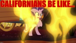 Size: 1280x720 | Tagged: safe, edit, edited screencap, editor:useraccount, screencap, starlight glimmer, pony, unicorn, g4, road to friendship, california, californian wild fire, edgy, female, fire, fire swamp, flame geyser, image macro, mare, meme, op is a duck, open mouth, rearing, scared, solo, text, too soon, wagon, we are going to hell