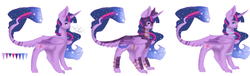 Size: 4888x1478 | Tagged: safe, artist:sora-choi, twilight sparkle, alicorn, dracony, hybrid, pony, g4, alternate universe, armor, cutie mark, ethereal mane, female, jewelry, leonine tail, looking at you, mare, reference sheet, simple background, solo, starry mane, twilight sparkle (alicorn), white background