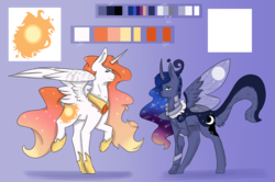 Size: 2996x1984 | Tagged: safe, artist:sora-choi, princess celestia, princess luna, alicorn, cat pony, dracony, hybrid, original species, pony, g4, alternate universe, cutie mark, duo, ethereal mane, female, galaxy mane, gradient background, looking at you, mare, peytral, raised hoof, redesign, reference sheet, regalia, spread wings, starry mane, wings