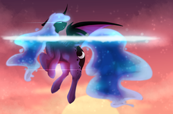 Size: 4000x2641 | Tagged: safe, artist:sora-choi, nightmare moon, princess luna, alicorn, pony, g4, bat wings, curved horn, cutie mark, duality, ethereal mane, female, floppy ears, horn, mare, missing accessory, moon, nightmare luna, solo, starry mane, stars, sun, wings