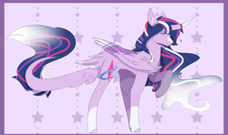 Size: 2291x1352 | Tagged: safe, artist:sora-choi, twilight sparkle, alicorn, pony, g4, abstract background, alicornified, chest fluff, curved horn, cutie mark, female, g5 concept leak style, g5 concept leaks, horn, horn jewelry, jewelry, leonine tail, looking at you, mare, race swap, raised hoof, redesign, smiling, solo, tail feathers, twilight sparkle (alicorn), twilight sparkle (g5 concept leak)