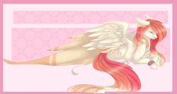 Size: 2535x1352 | Tagged: safe, artist:sora-choi, fluttershy, pegasus, pony, g4, abstract background, chest fluff, cutie mark, female, floppy ears, fluttershy (g5 concept leak), g5 concept leaks, large wings, mare, prone, redesign, solo, wings