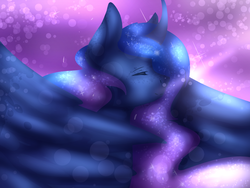 Size: 1600x1200 | Tagged: safe, artist:sora-choi, princess luna, alicorn, pony, g4, coat markings, curved horn, dappled, ethereal mane, eyes closed, female, freckles, horn, mare, missing accessory, smiling, solo, spread wings, starry mane, stars, wings