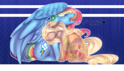 Size: 2200x1267 | Tagged: safe, artist:sora-choi, applejack, rainbow dash, pegasus, pony, g4, abstract background, alternate hairstyle, crying, cutie mark, eye clipping through hair, fangs, female, floppy ears, implied death, lesbian, mare, missing accessory, ship:appledash, shipping, spread wings, wings