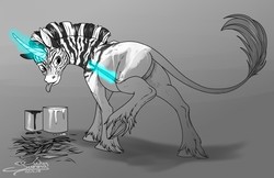 Size: 1280x831 | Tagged: safe, artist:sunny way, oc, oc only, oc:cohasset, classical unicorn, pony, unicorn, zebra, rcf community, black and white, butt, cloven hooves, finished commission, grayscale, horn, leonine tail, lineart, magic, male, monochrome, nudity, painting, plot, solo, unshorn fetlocks
