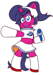 Size: 1200x1700 | Tagged: safe, artist:threetwotwo32232, oc, oc only, oc:fizzy pop, pony, unicorn, boots, clothes, costume, cute, female, mare, microphone, midriff, miniskirt, pigtails, shoes, skirt, solo, standing, ulala