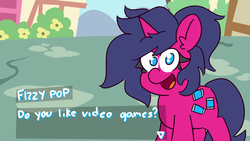 Size: 1280x720 | Tagged: safe, artist:threetwotwo32232, oc, oc only, oc:fizzy pop, pony, unicorn, dating sim, dialogue box, female, looking at you, mare, open mouth, question, smiling, solo, text