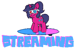 Size: 1700x1080 | Tagged: safe, artist:threetwotwo32232, oc, oc:fizzy pop, pony, unicorn, 3d glasses, animated, barely animated, caption, female, gif, gif with captions, mare, solo, surfboard, text
