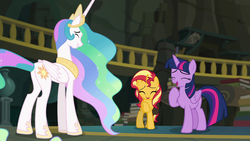 Size: 1920x1080 | Tagged: safe, screencap, princess celestia, sunset shimmer, twilight sparkle, alicorn, pony, equestria girls, equestria girls specials, g4, my little pony equestria girls: better together, my little pony equestria girls: forgotten friendship, book, butt, eyes closed, female, hoof shoes, laughing, mare, plot, twilight sparkle (alicorn)