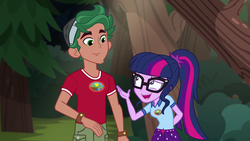 Size: 1280x720 | Tagged: safe, screencap, sci-twi, timber spruce, twilight sparkle, equestria girls, g4, my little pony equestria girls: legend of everfree, camp everfree outfits, clothes, female, glasses, male, ponytail, smiling