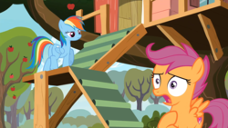 Size: 1920x1080 | Tagged: safe, screencap, rainbow dash, scootaloo, g4, the washouts (episode), apple tree, butt, clubhouse, crusaders clubhouse, lidded eyes, plot, rainbutt dash, tree
