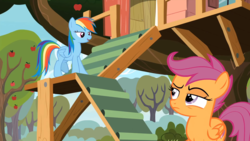 Size: 1920x1080 | Tagged: safe, screencap, rainbow dash, scootaloo, pegasus, pony, g4, the washouts (episode), annoyed, apple tree, clubhouse, crusaders clubhouse, female, filly, lidded eyes, mare, proud, raised eyebrow, tree