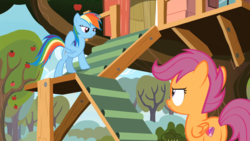Size: 1920x1080 | Tagged: safe, screencap, rainbow dash, scootaloo, pegasus, pony, g4, the washouts (episode), apple tree, butt, clubhouse, crusaders clubhouse, female, filly, foal, lidded eyes, plot, scootabutt, tree
