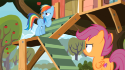 Size: 1920x1080 | Tagged: safe, screencap, rainbow dash, scootaloo, g4, the washouts (episode), apple tree, butt, clubhouse, crusaders clubhouse, lidded eyes, plot, tree