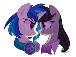 Size: 2000x1500 | Tagged: safe, artist:yaco, dj pon-3, octavia melody, vinyl scratch, earth pony, pony, unicorn, g4, female, headphones, lesbian, looking at each other, mare, ship:scratchtavia, shipping, simple background, smiling, transparent background