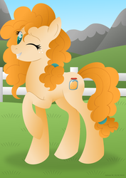 Size: 1024x1448 | Tagged: safe, artist:lavenderrain24, pear butter, earth pony, pony, g4, cute, female, fence, freckles, grass, mare, mountain, one eye closed, sky, smiling, solo, wink