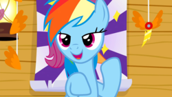 Size: 1920x1080 | Tagged: safe, screencap, rainbow dash, pony, g4, the washouts (episode), bedroom eyes, clubhouse, crusaders clubhouse, female, poster, solo