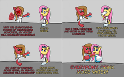 Size: 1934x1202 | Tagged: safe, artist:instant-noodle5, fluttershy, oc, oc:pun, pony, ask pun, g4, ask, clothes, dihydrogen monoxide, dr adorable, duo, erlenmeyer flask, female, goggles, lab coat, mare, water