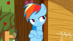 Size: 1920x1080 | Tagged: safe, edit, editor:michaelsety, screencap, rainbow dash, pony, g4, the washouts (episode), apple tree, bedroom eyes, clubhouse, crusaders clubhouse, female, solo, tree
