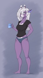 Size: 707x1280 | Tagged: source needed, safe, artist:skecchiart, oc, oc only, oc:adrianna, giraffe, anthro, plantigrade anthro, barefoot, blue underwear, clothes, coffee, feet, looking at you, panties, solo, tired, underwear