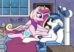 Size: 1527x1080 | Tagged: safe, artist:calena, princess cadance, shining armor, g4, anatomically incorrect, bed, bedroom, blanket, box, colored sketch, commission, crown, cute, drawer, female, gem, jewelry, looking at each other, love, male, regalia, ship:shiningcadance, shipping, straight, window, ych example, your character here