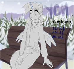 Size: 2692x2500 | Tagged: safe, artist:tigra0118, anthro, advertisement, beautiful, bench, commission, eyes open, female, forest, high res, snow, solo, your character here
